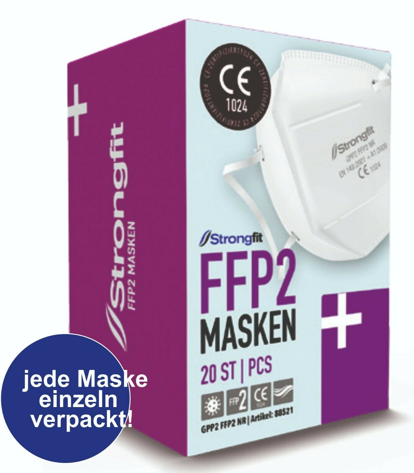 FFP2 Maske Strongfit, 20 Stück Packung, CE, inkl. Halterung, MADE IN EU